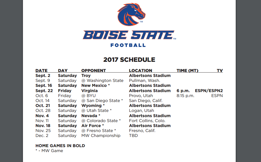 Printable Boise State Football Schedule